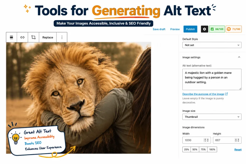 Tools-for-generating-alt-text-showing-a-lion-with-a-person-and-an-image-editors-accessibility-settings-panel